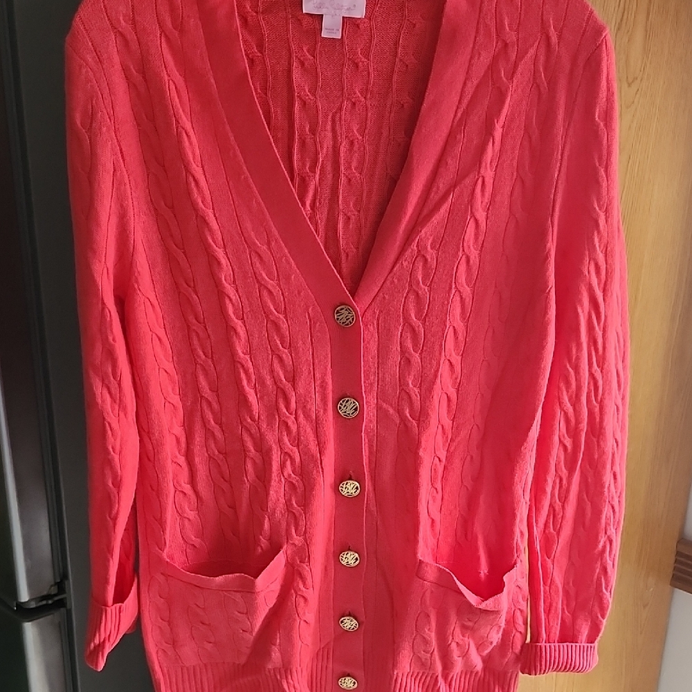 Lilly Pultizer Coral Cashmere V-Neck Gold Tone Lilly Monogrammed Button Cardigan